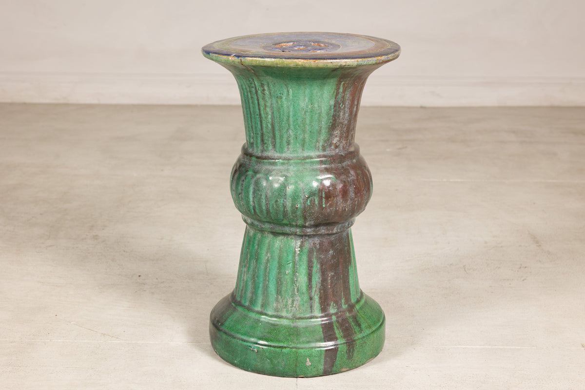 Circa-1900 Vietnamese Green-Glazed Ceramic Garden Pedestal, alternate angle