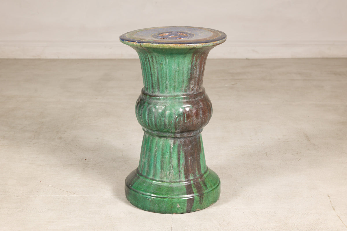 Circa-1900 Vietnamese Green-Glazed Ceramic Garden Pedestal, side view