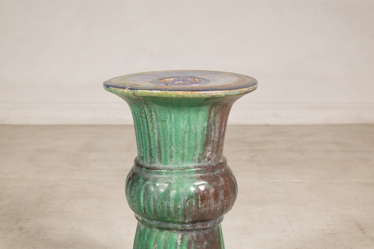 Circa-1900 Vietnamese Green-Glazed Ceramic Garden Pedestal, surface detail