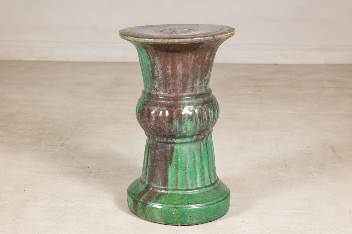 Circa-1900 Vietnamese Green-Glazed Ceramic Garden Pedestal, base detail