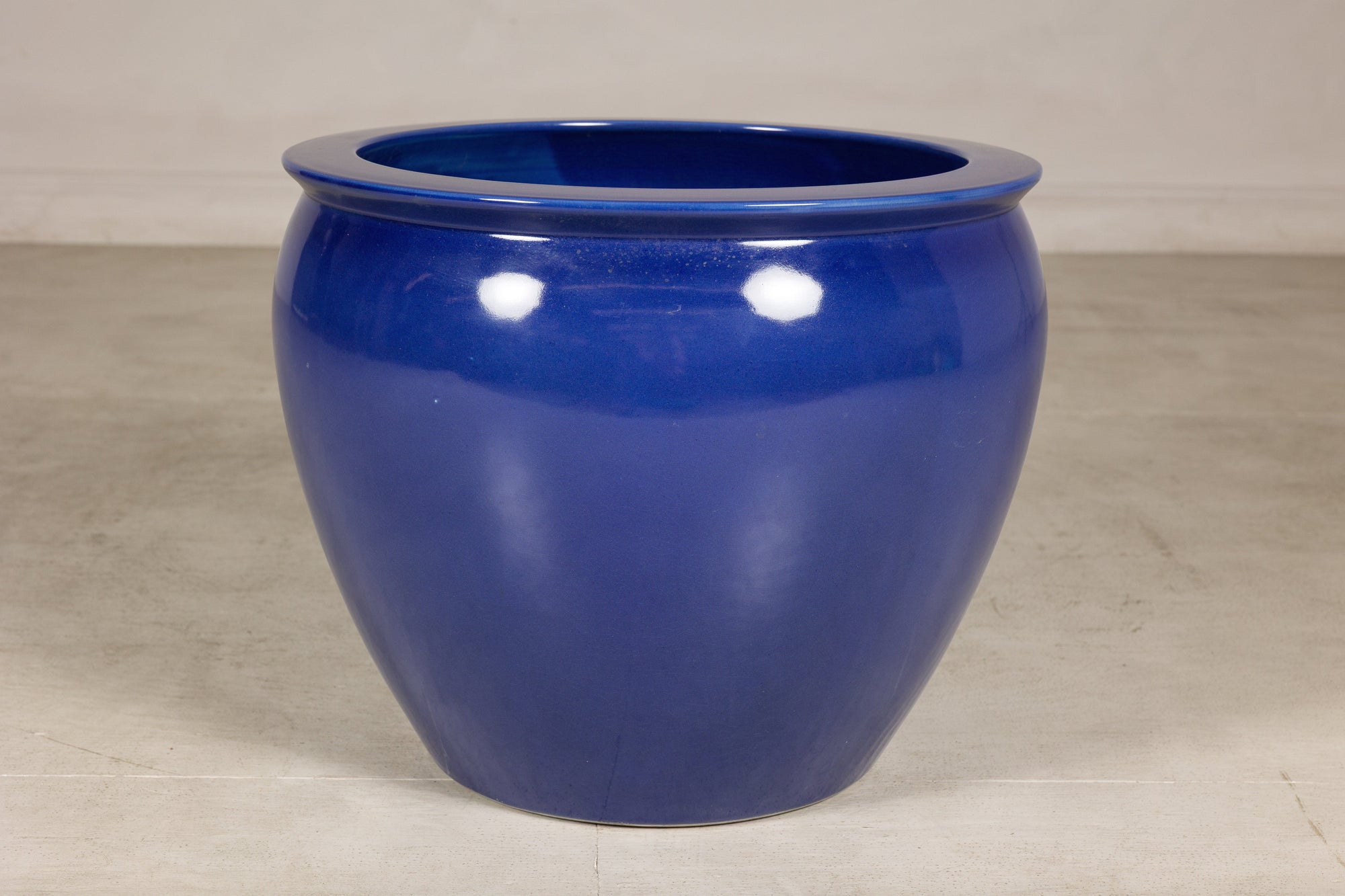Left-side view of the cobalt blue planter showing its rounded profile
