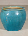 Turquoise glazed stoneware planter reverse angle