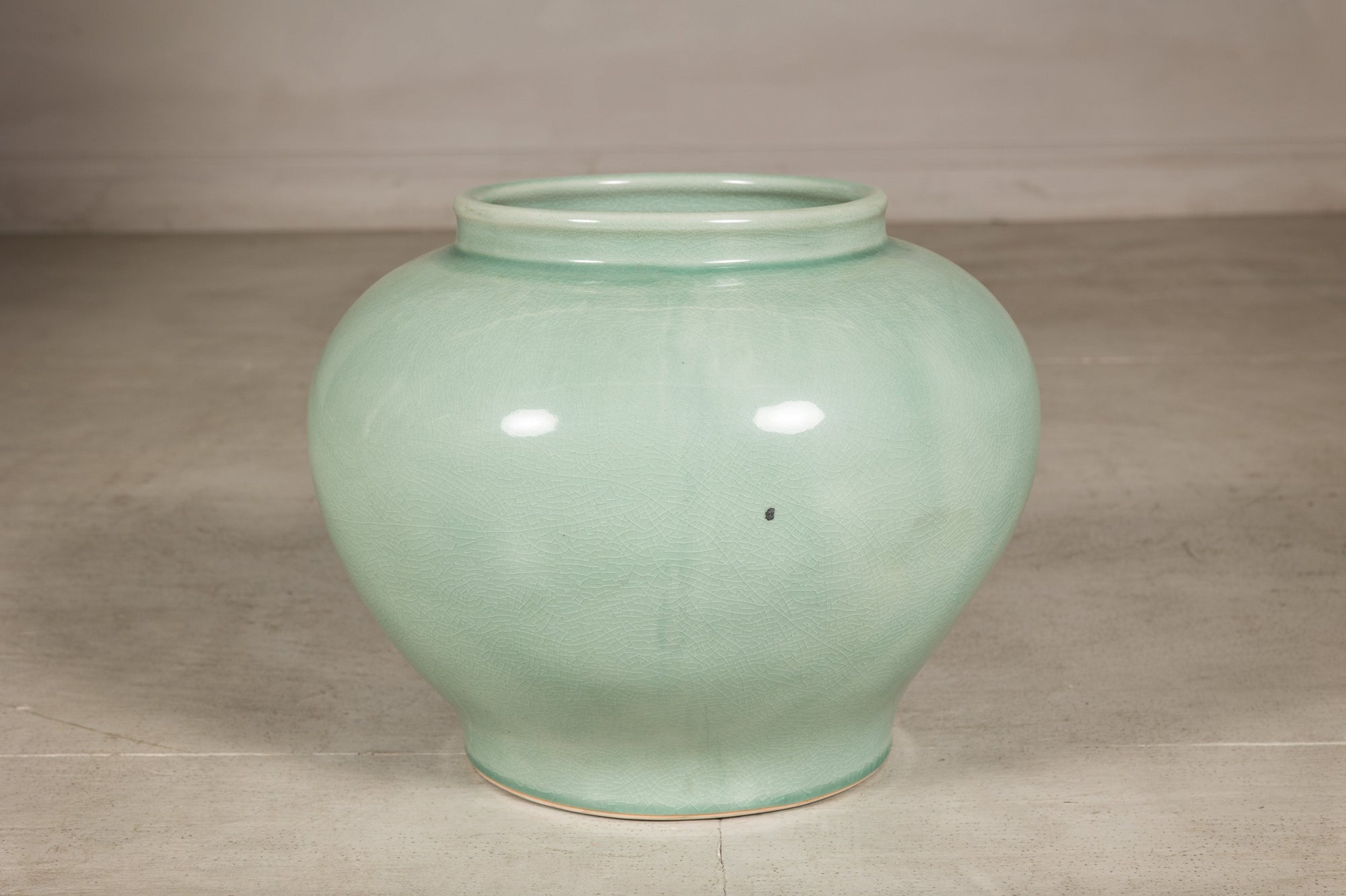 Close view of the pale celadon crackle glaze with a small surface mark