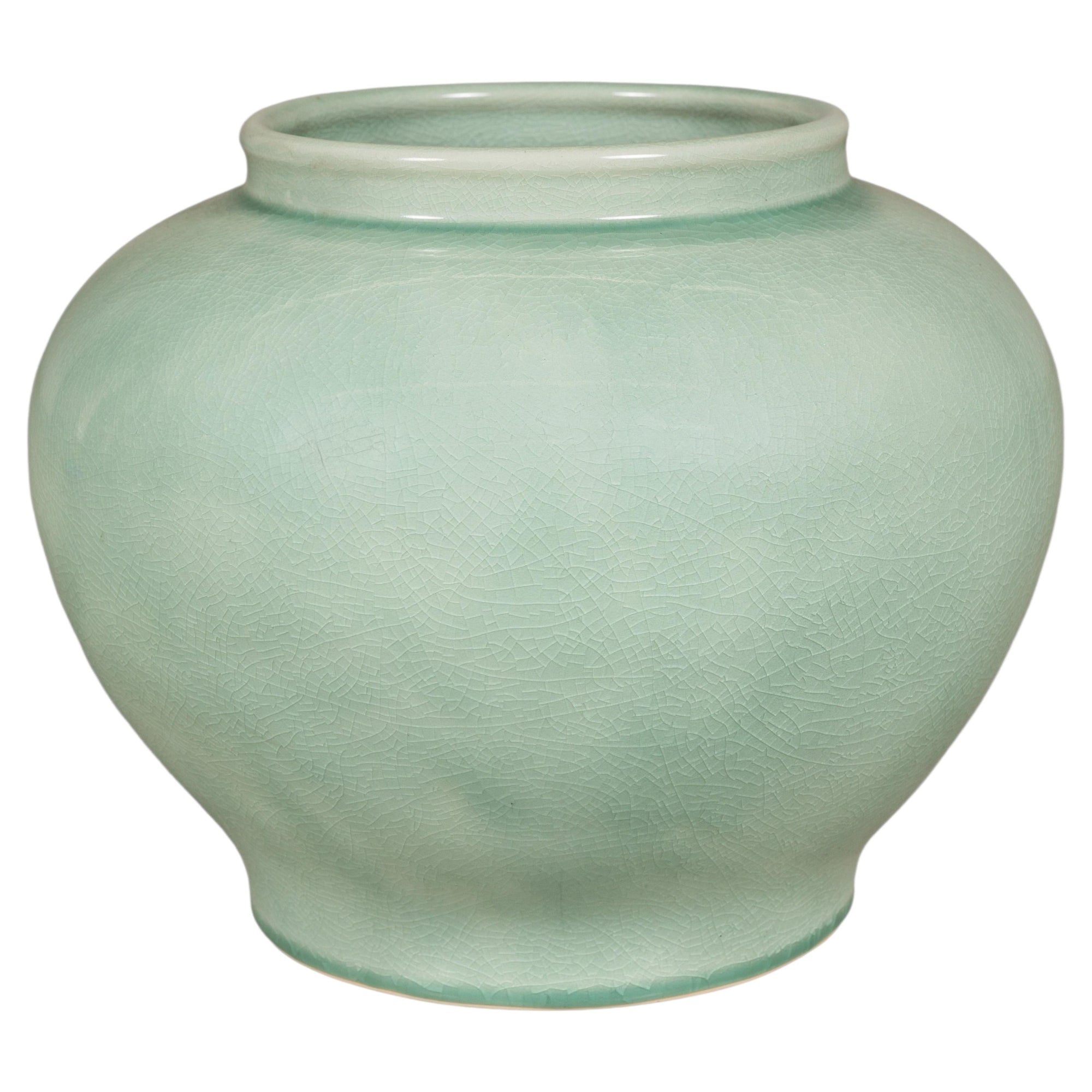 Celadon crackle glazed ginger jar form vase on a white background