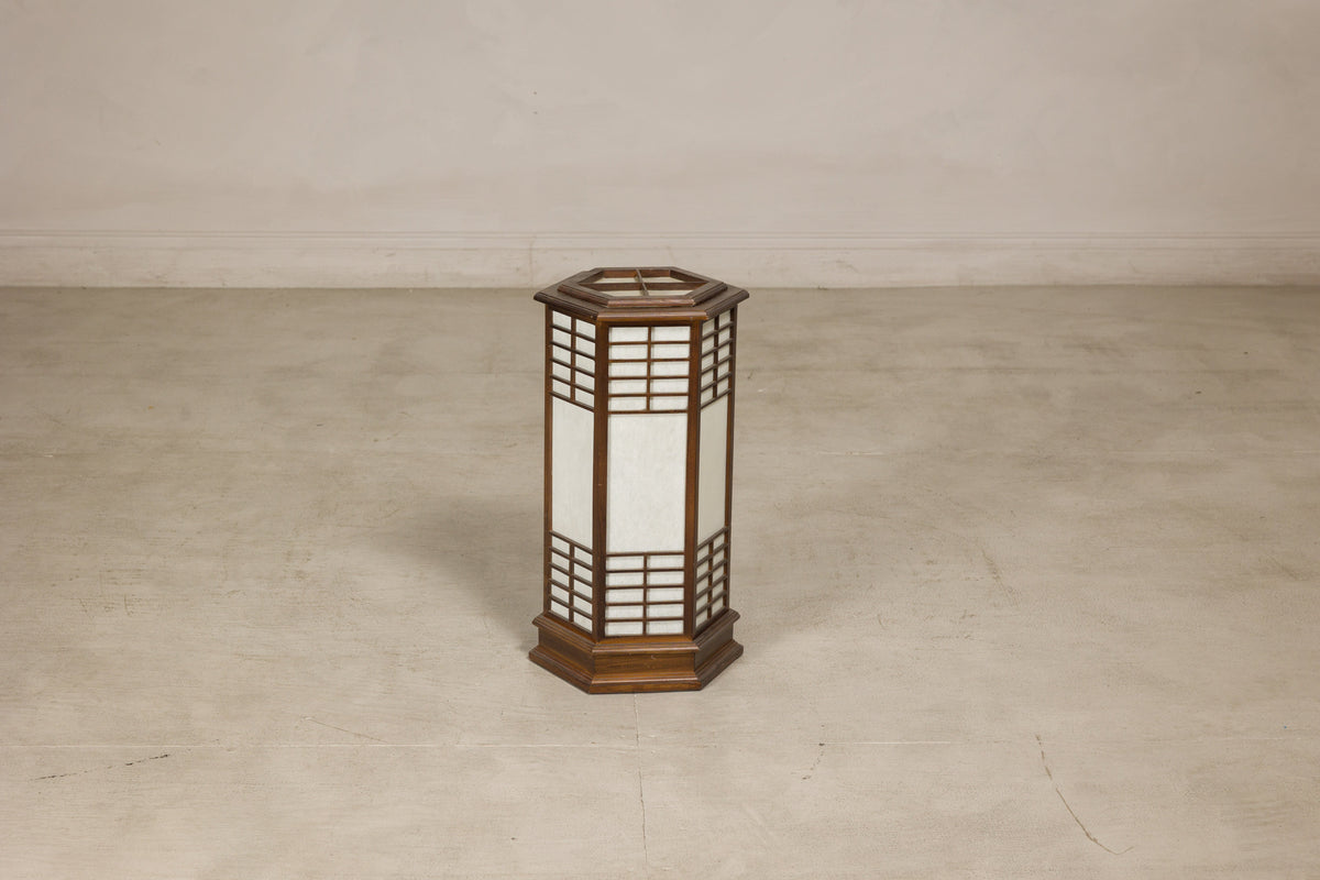 Vintage Japanese Hexagonal Wood and Rice-Paper Table Lamp, full gallery view
