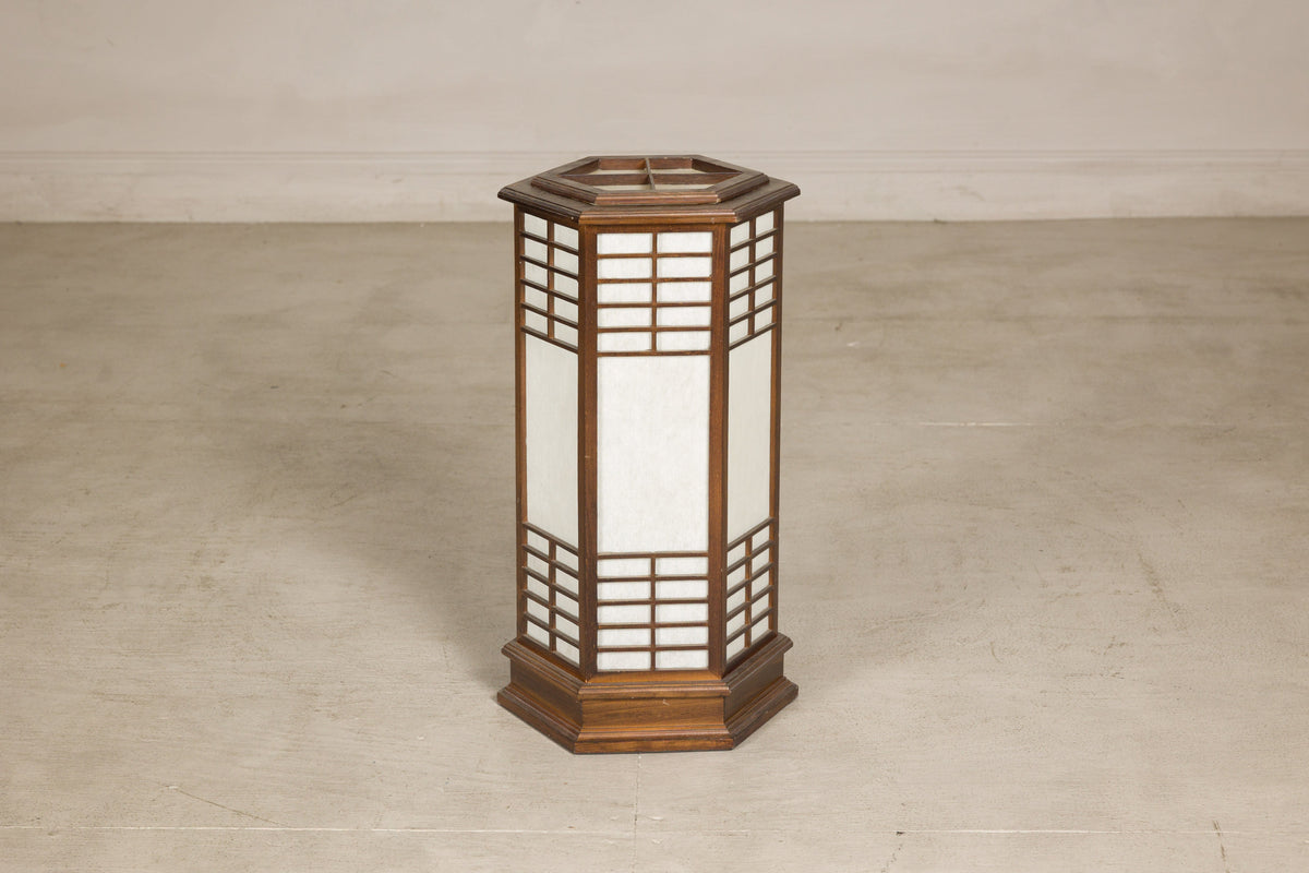 Vintage Japanese Hexagonal Wood and Rice-Paper Table Lamp, alternate angle