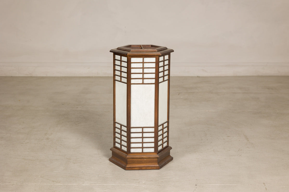 Vintage Japanese Hexagonal Wood and Rice-Paper Table Lamp, side view