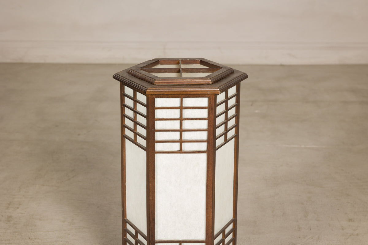 Vintage Japanese Hexagonal Wood and Rice-Paper Table Lamp, surface detail