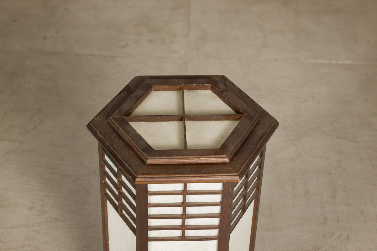 Vintage Japanese Hexagonal Wood and Rice-Paper Table Lamp, reverse view