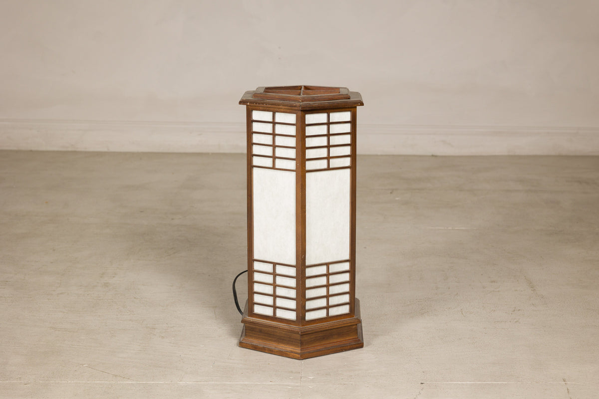 Vintage Japanese Hexagonal Wood and Rice-Paper Table Lamp, base detail