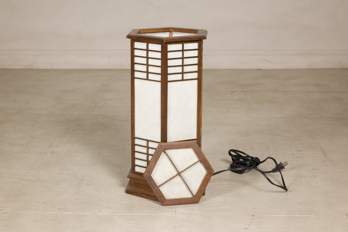 Vintage Japanese Hexagonal Wood and Rice-Paper Table Lamp, additional gallery view 12
