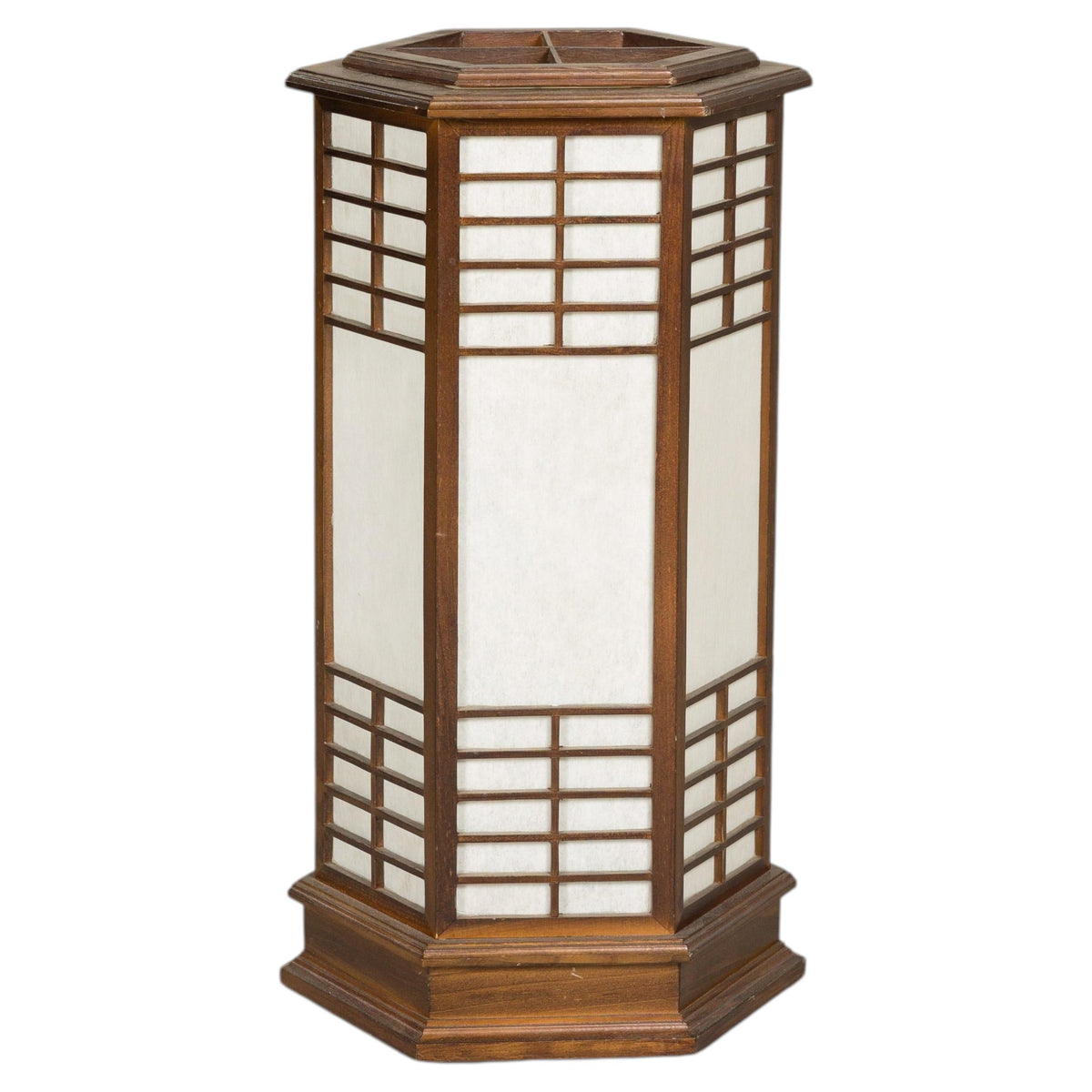 Vintage Japanese Hexagonal Wood and Rice-Paper Table Lamp, full object on a white background