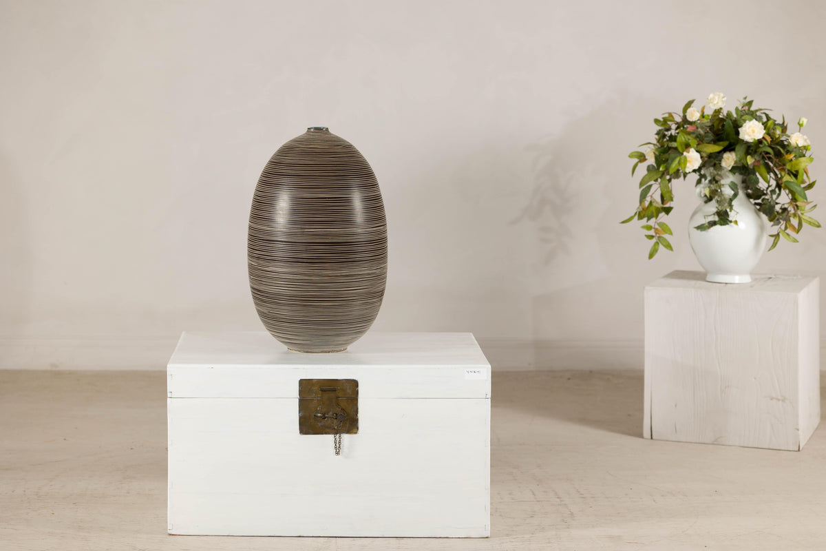 Large Brown-and-Cream Linear-Decorated Artisan Ceramic Vase, full gallery view