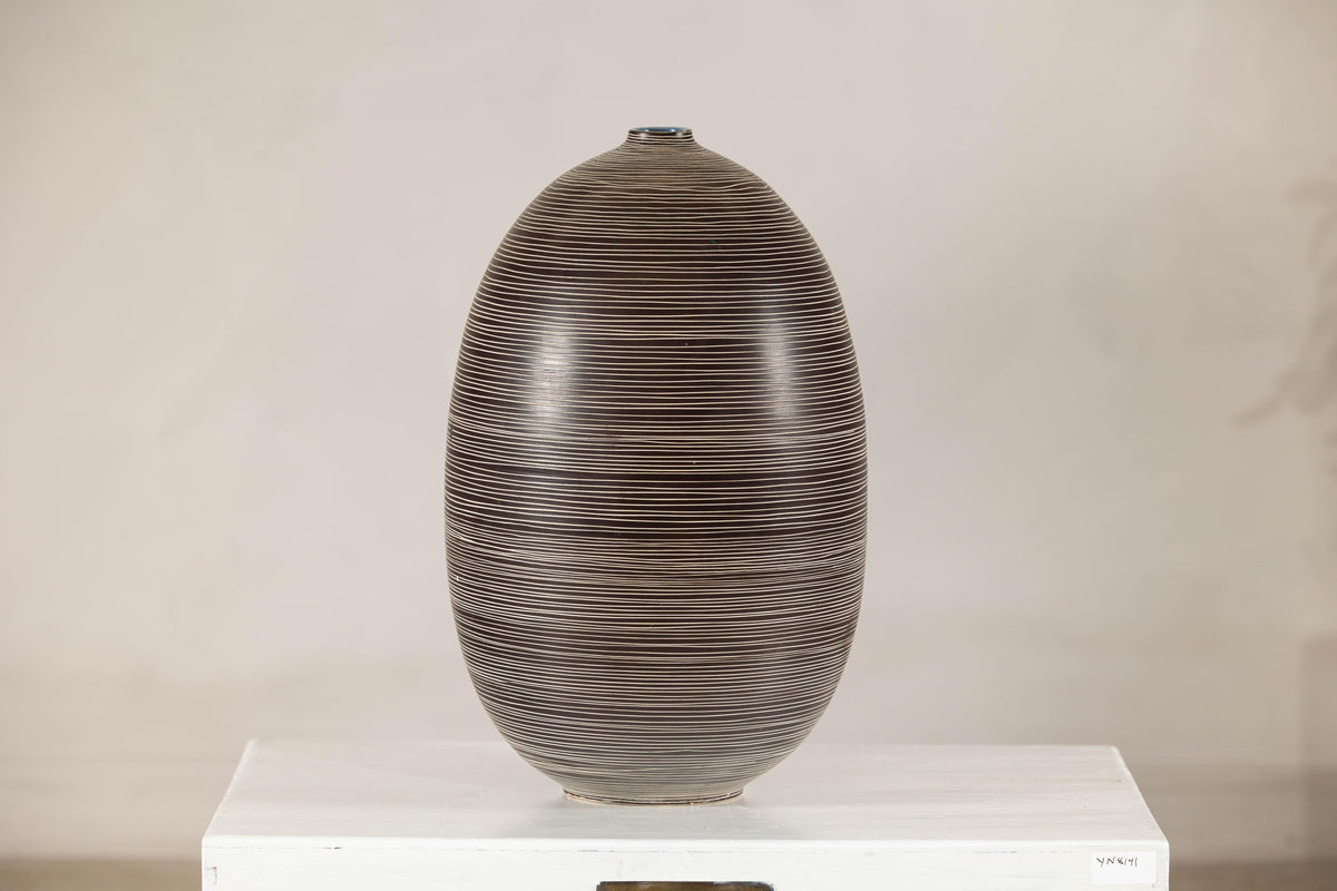 Large Brown-and-Cream Linear-Decorated Artisan Ceramic Vase, alternate angle