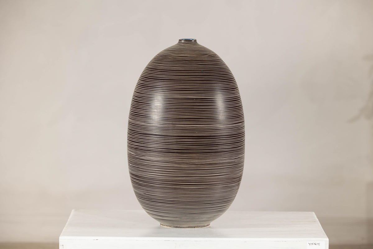 Large Brown-and-Cream Linear-Decorated Artisan Ceramic Vase, side view