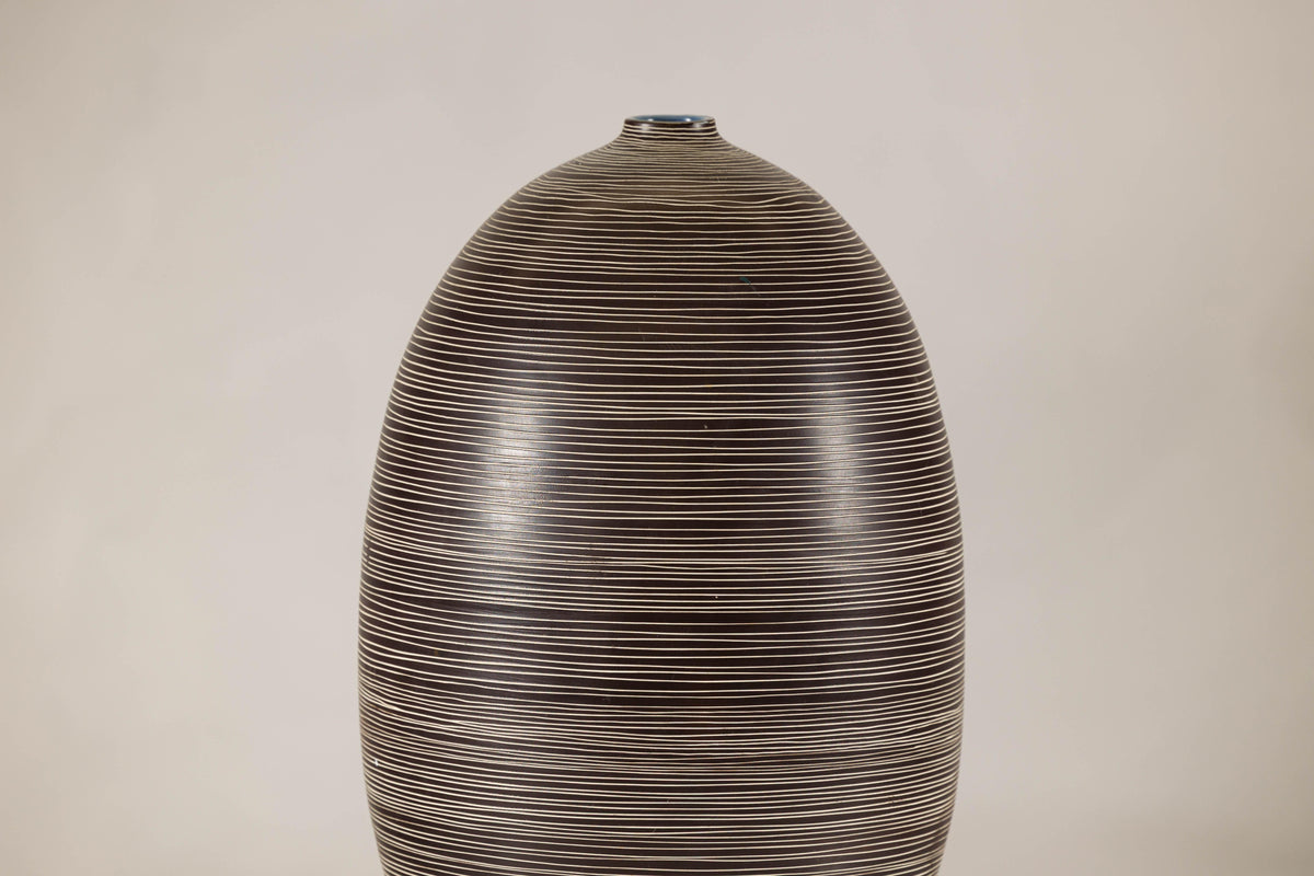 Large Brown-and-Cream Linear-Decorated Artisan Ceramic Vase, surface detail