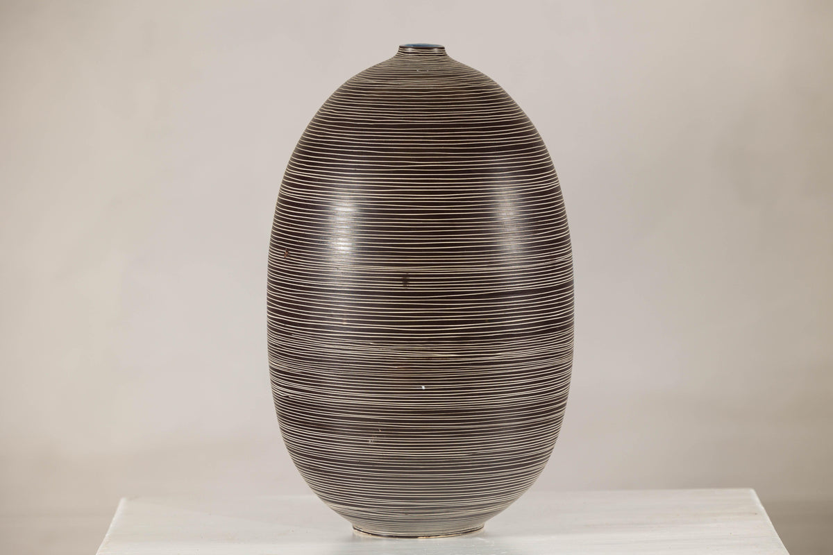 Large Brown-and-Cream Linear-Decorated Artisan Ceramic Vase, reverse view