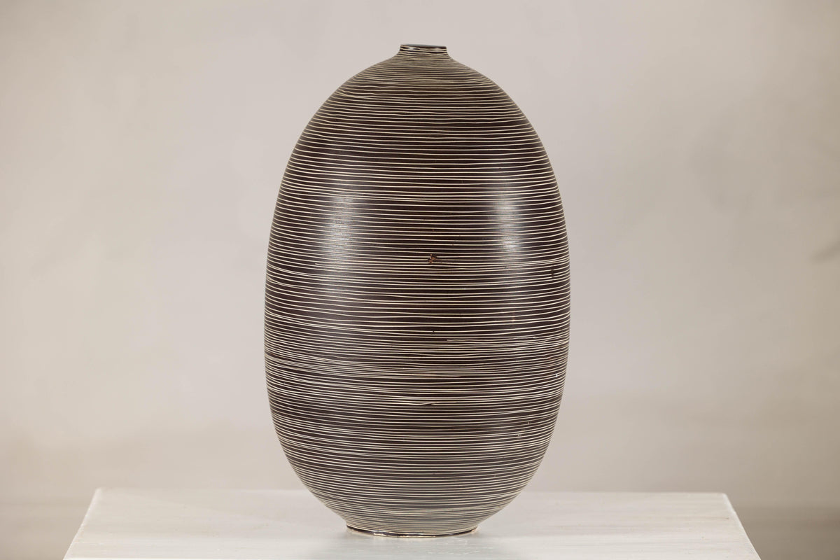 Large Brown-and-Cream Linear-Decorated Artisan Ceramic Vase, close-up detail