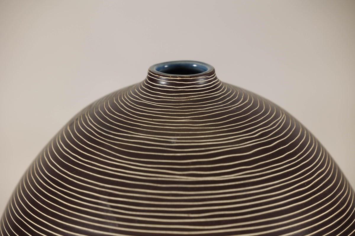 Large Brown-and-Cream Linear-Decorated Artisan Ceramic Vase, top detail