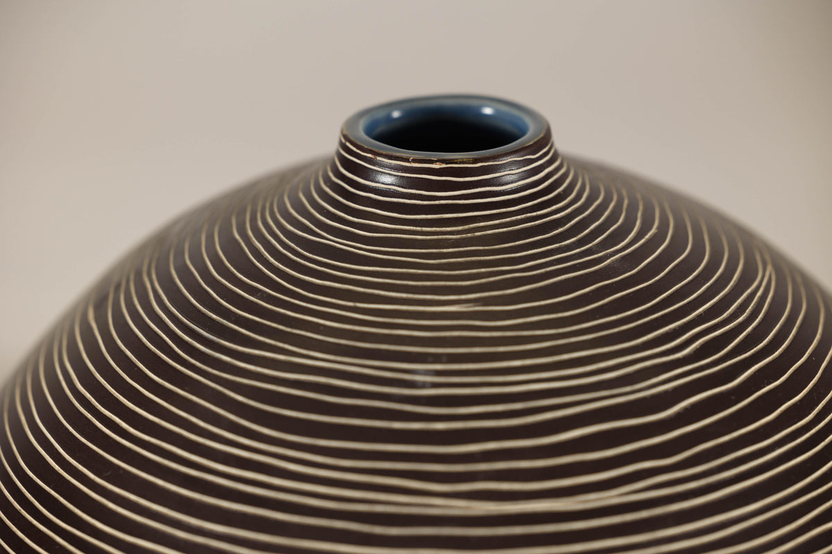 Large Brown-and-Cream Linear-Decorated Artisan Ceramic Vase, additional gallery view 14