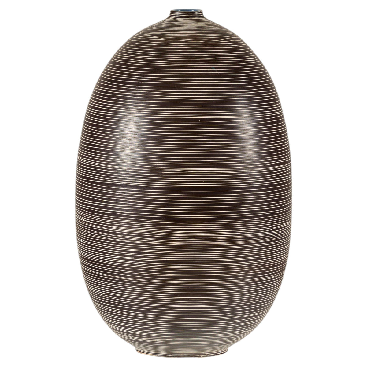 Large Brown-and-Cream Linear-Decorated Artisan Ceramic Vase, full object on a white background