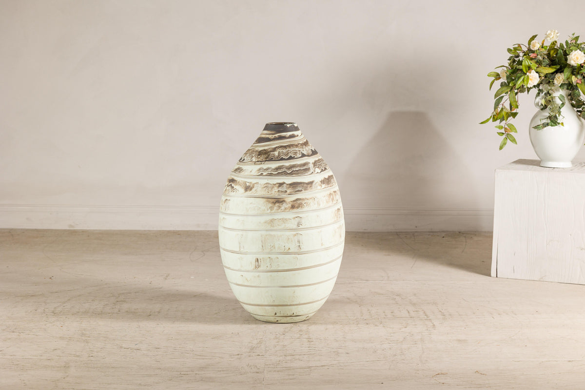 Large Cream-Glazed Artisan Ceramic Vase with Brown Bands, construction detail