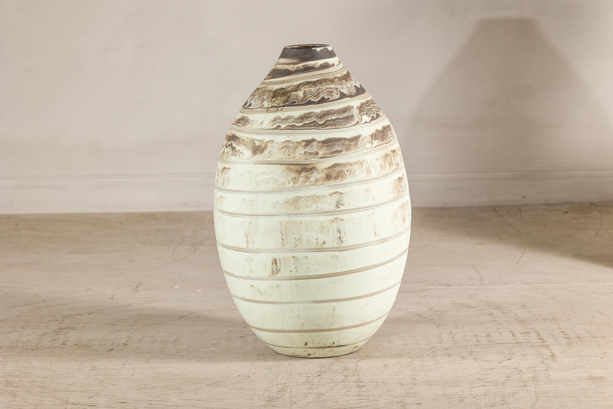 Large Cream-Glazed Artisan Ceramic Vase with Brown Bands, reverse view