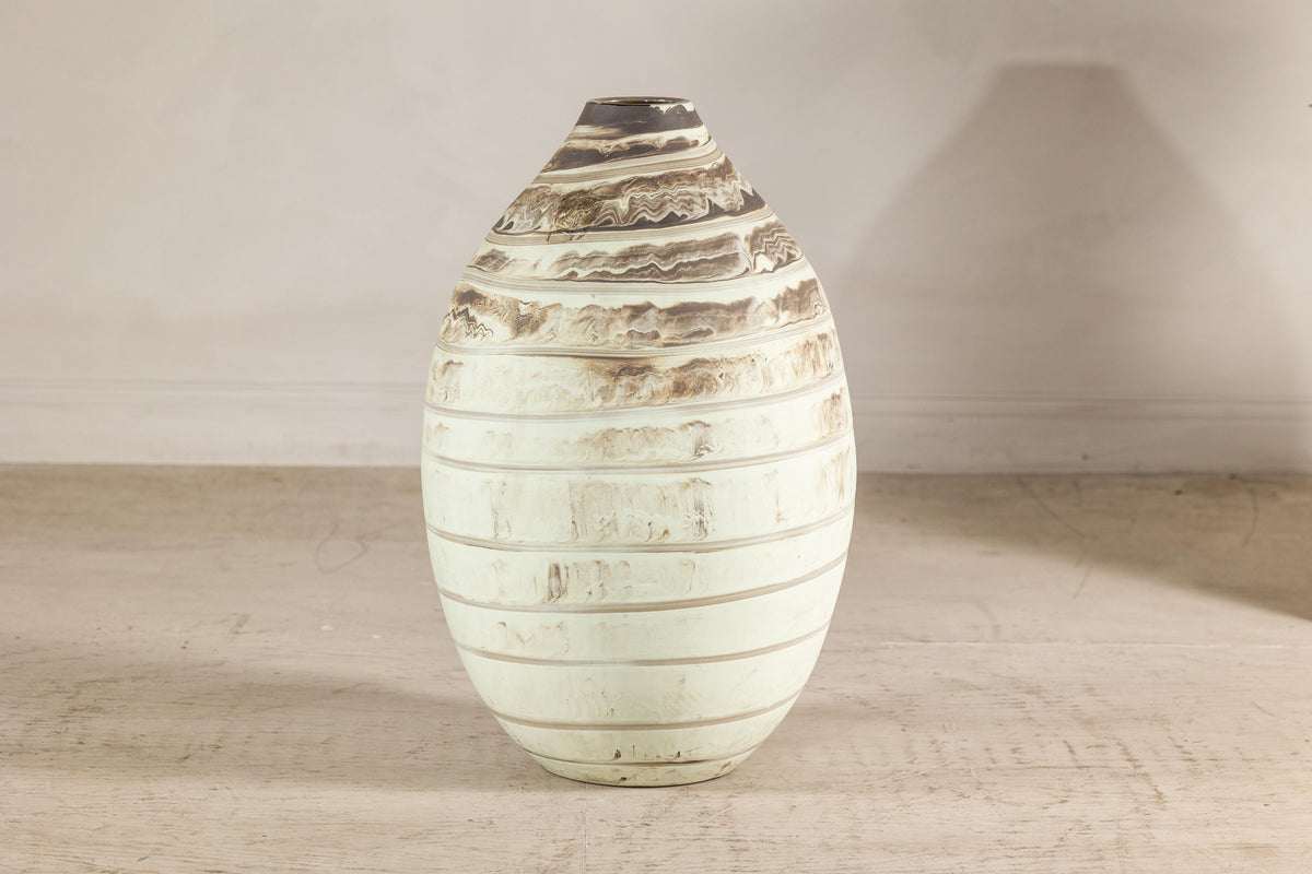 Large Cream-Glazed Artisan Ceramic Vase with Brown Bands, close-up detail