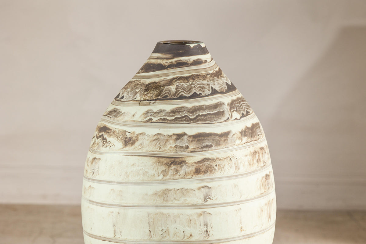 Large Cream-Glazed Artisan Ceramic Vase with Brown Bands, base detail