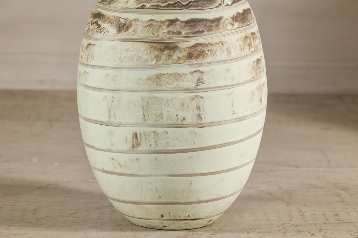 Large Cream-Glazed Artisan Ceramic Vase with Brown Bands, top detail