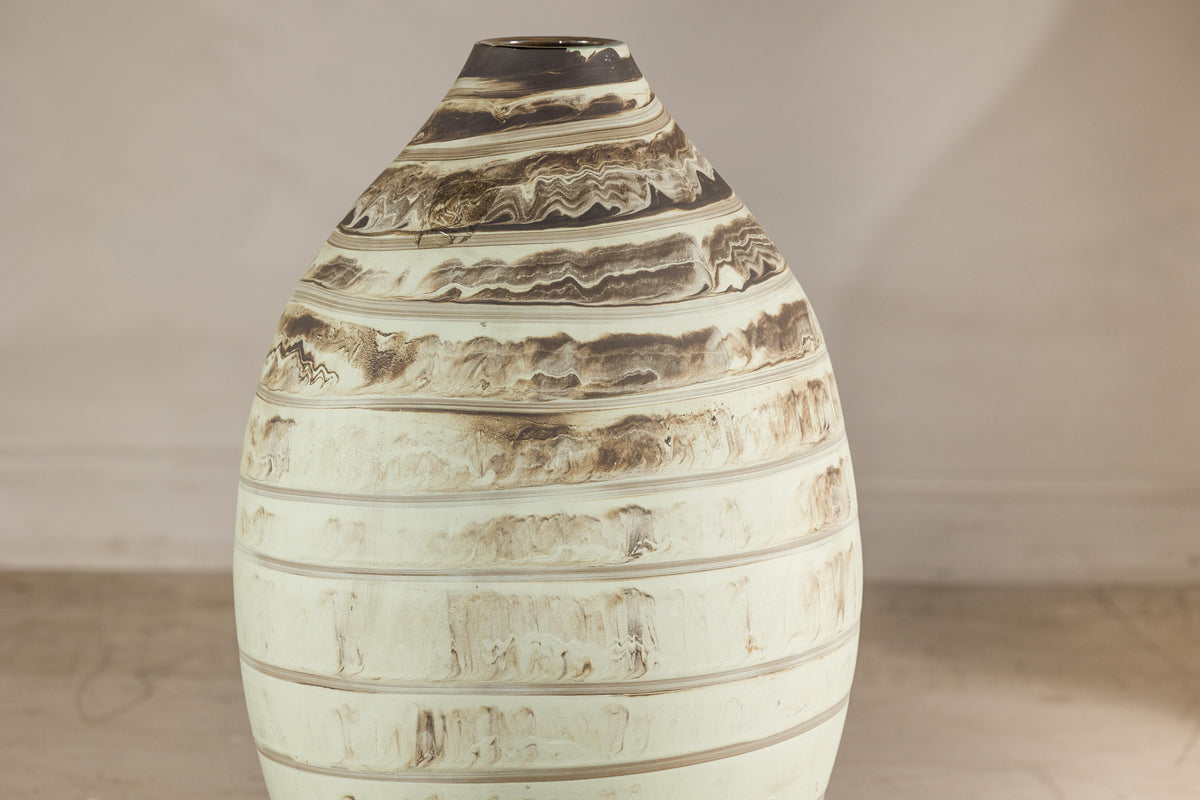Large Cream-Glazed Artisan Ceramic Vase with Brown Bands, additional gallery view 11