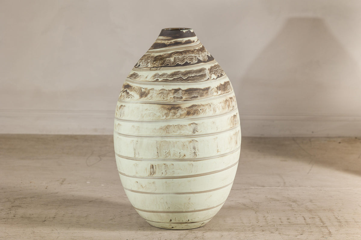 Large Cream-Glazed Artisan Ceramic Vase with Brown Bands, additional gallery view 12