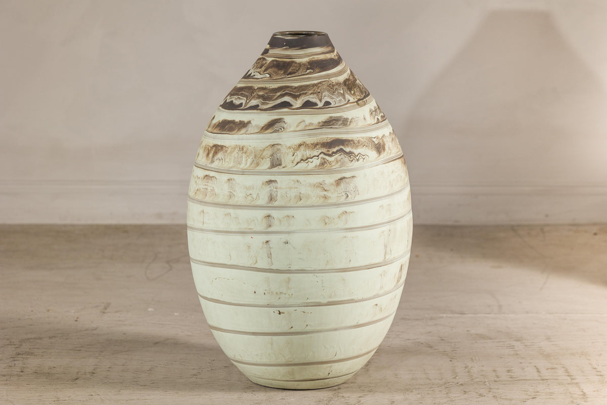 Large Cream-Glazed Artisan Ceramic Vase with Brown Bands, additional gallery view 13