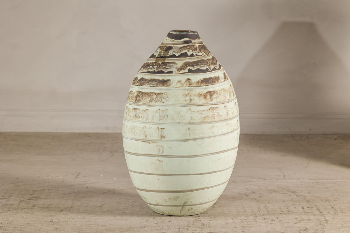 Large Cream-Glazed Artisan Ceramic Vase with Brown Bands, additional gallery view 14