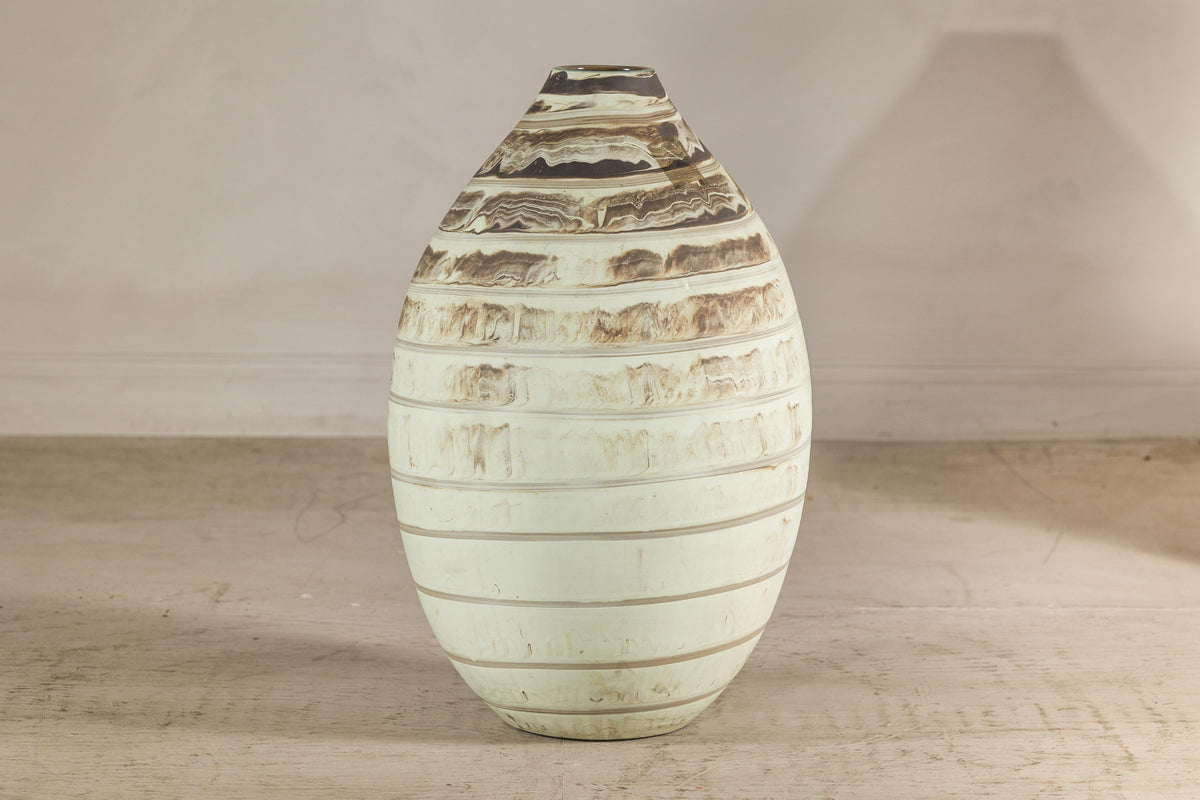 Large Cream-Glazed Artisan Ceramic Vase with Brown Bands, additional gallery view 15