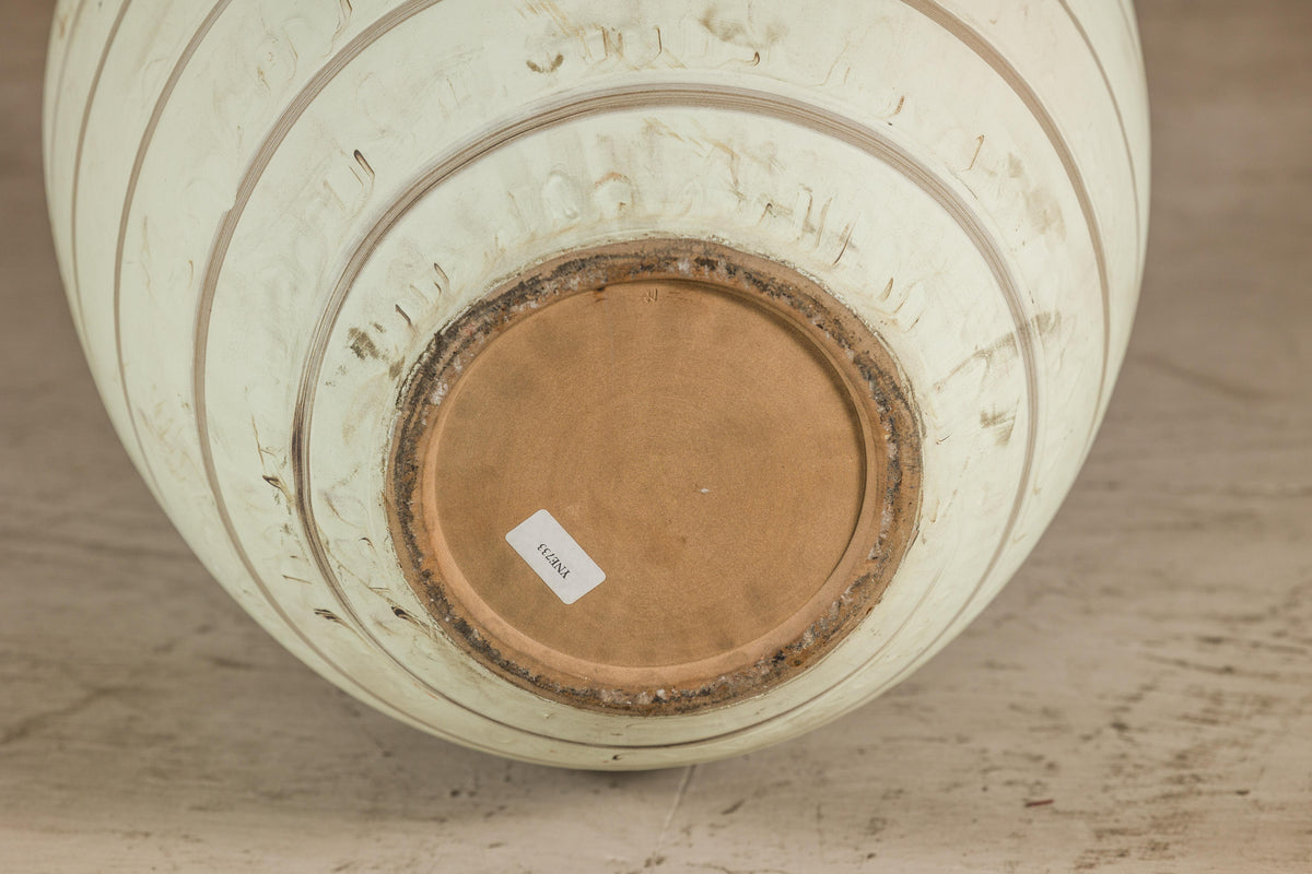 Large Cream-Glazed Artisan Ceramic Vase with Brown Bands, additional gallery view 16