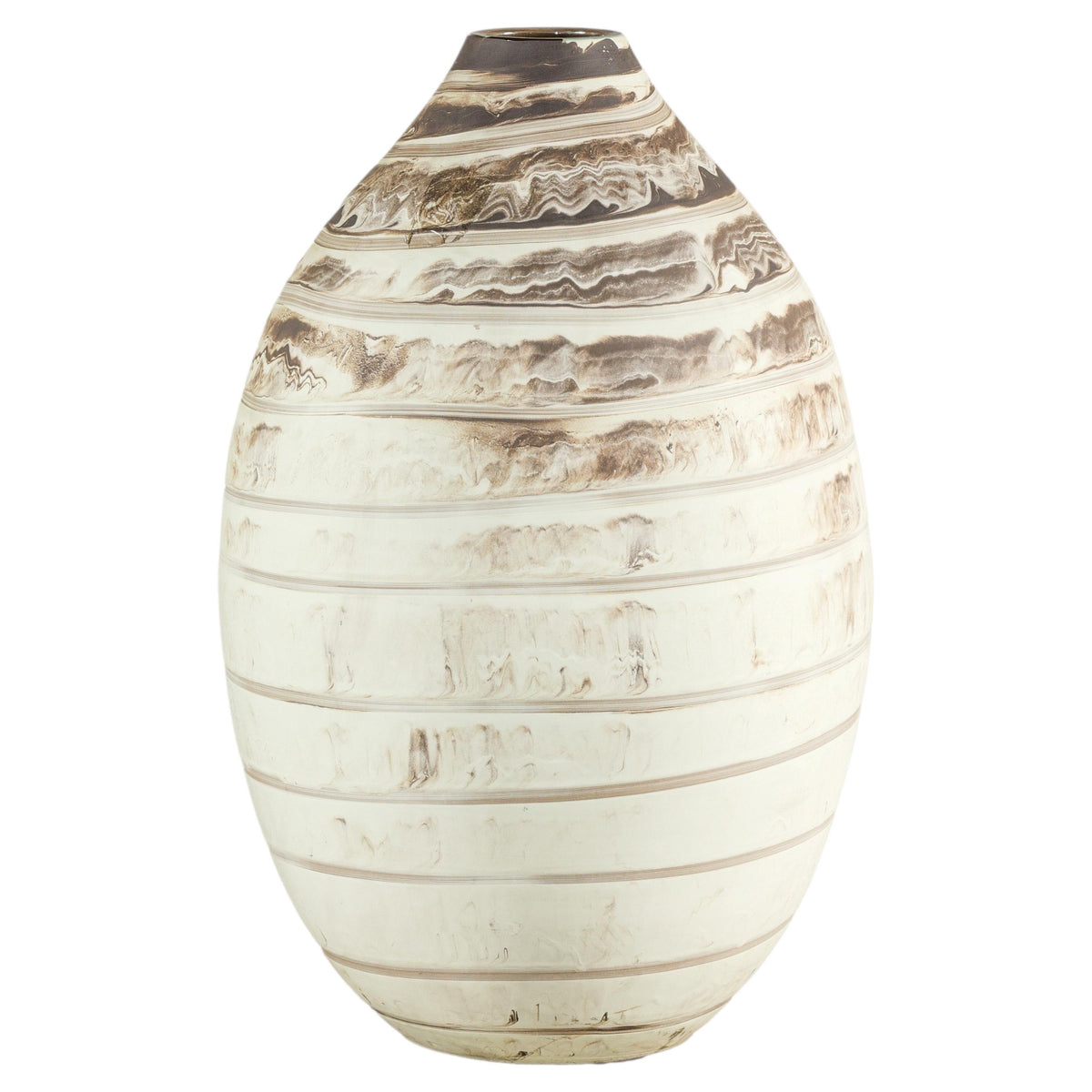 Large cream ceramic vase with brown horizontal stripes and marbled patterns.