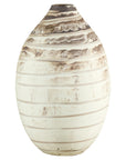 Large cream ceramic vase with brown horizontal stripes and marbled patterns.