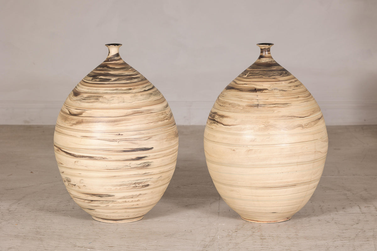 Large cream and brown glazed artisan ceramic floor vase, paired gallery view