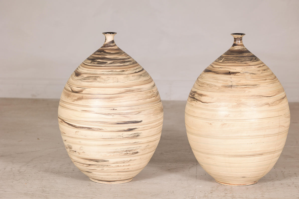 Large cream and brown glazed artisan ceramic floor vase, alternate paired view