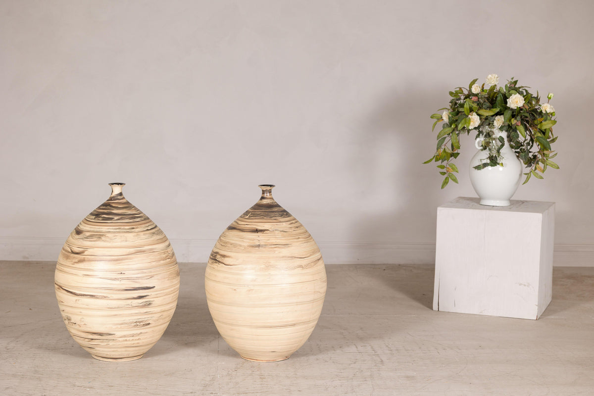 Large cream and brown glazed artisan ceramic floor vase, full object view