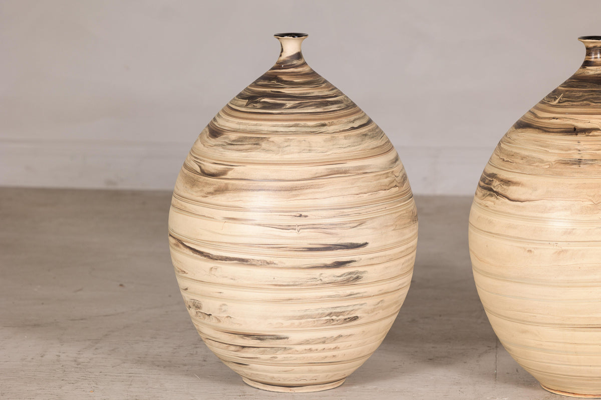 Large cream and brown glazed artisan ceramic floor vase, alternate full object view