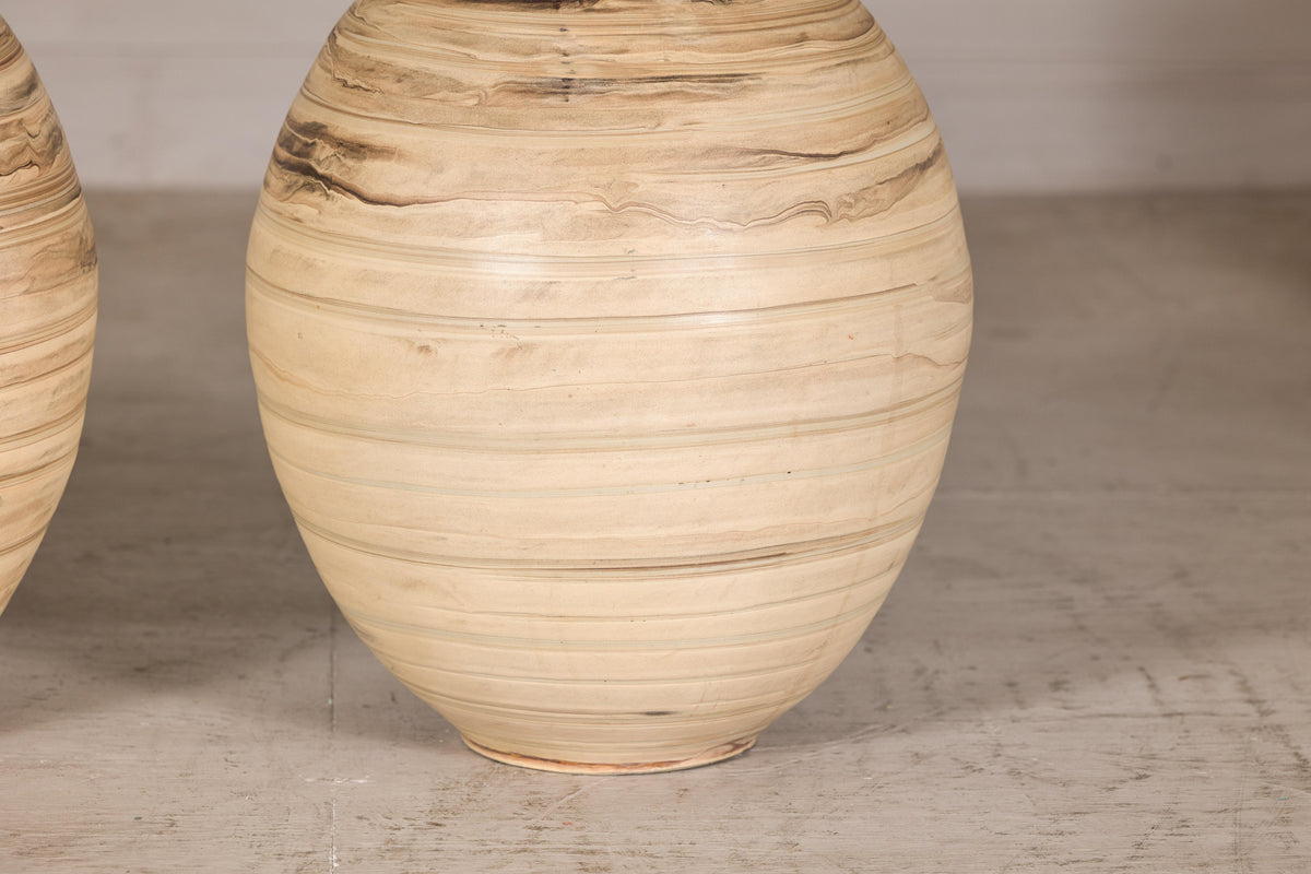 Large cream and brown glazed artisan ceramic floor vase, shoulder detail