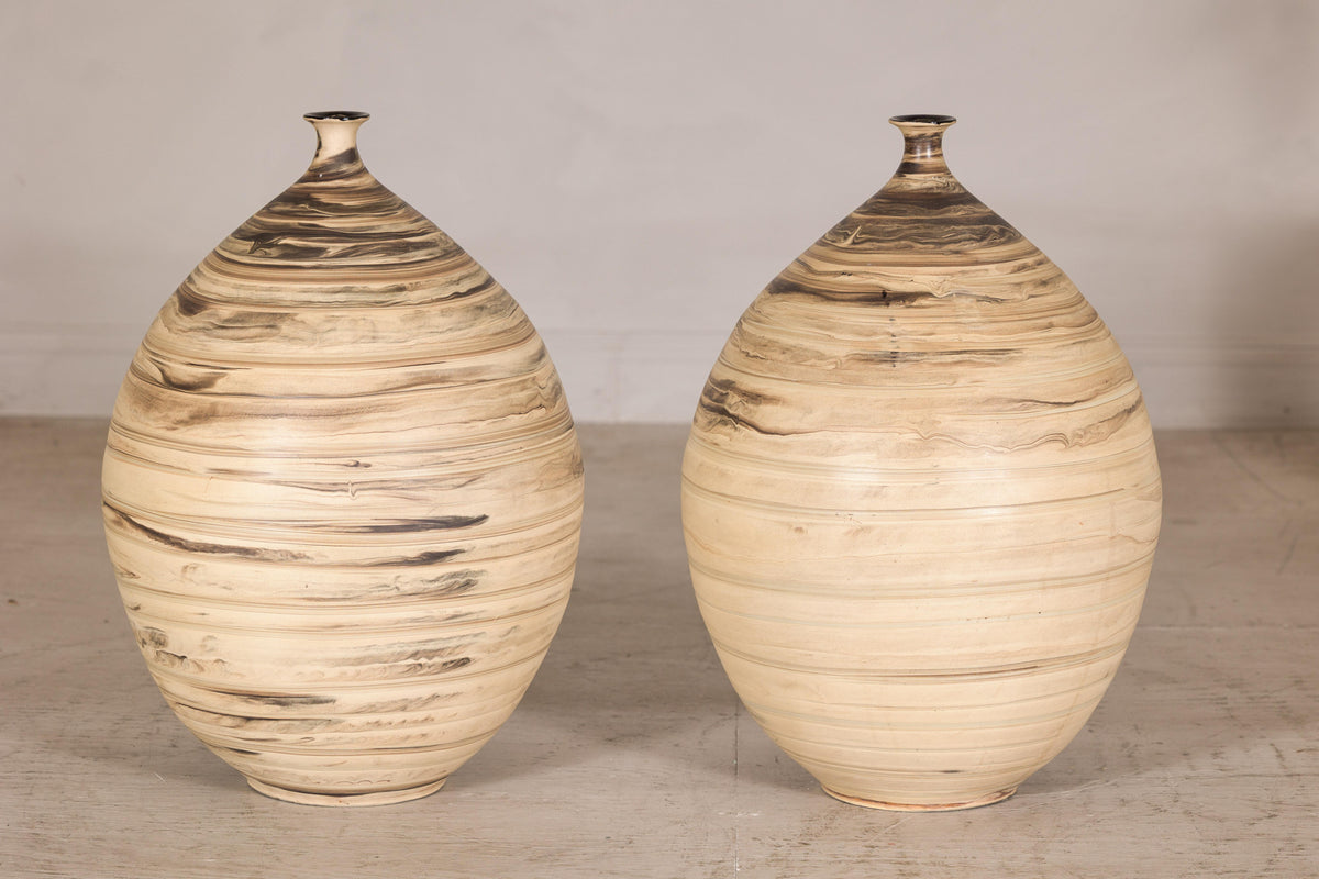 Large cream and brown glazed artisan ceramic floor vase, cream and brown banding detail