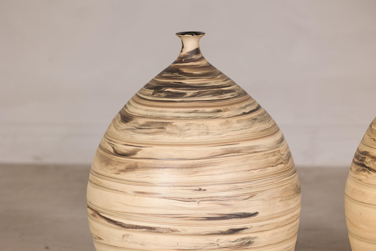 Large cream and brown glazed artisan ceramic floor vase, alternate glaze detail