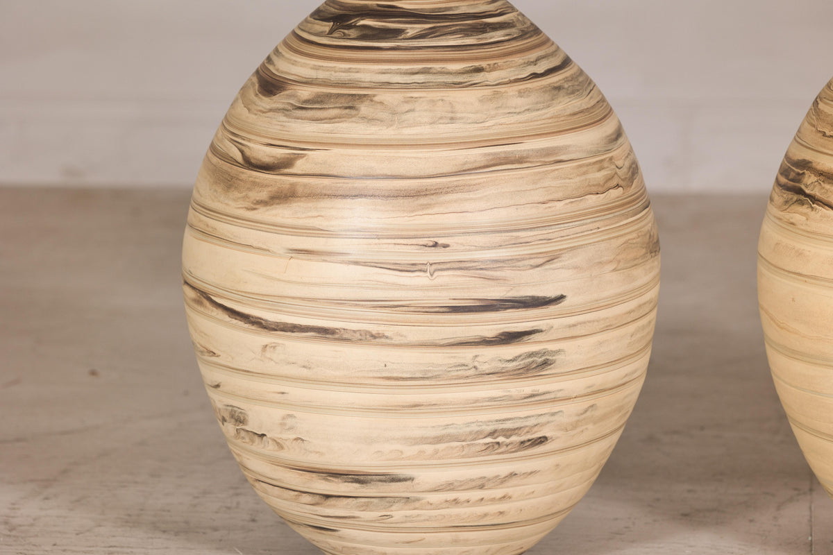 Large cream and brown glazed artisan ceramic floor vase, rim and neck detail