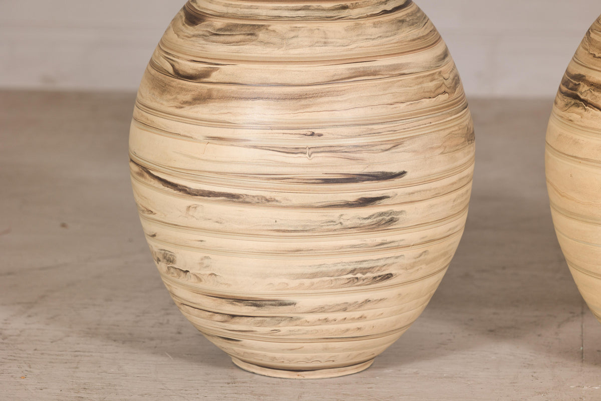 Large cream and brown glazed artisan ceramic floor vase, base detail
