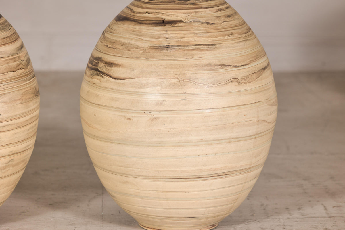 Large cream and brown glazed artisan ceramic floor vase, additional paired view