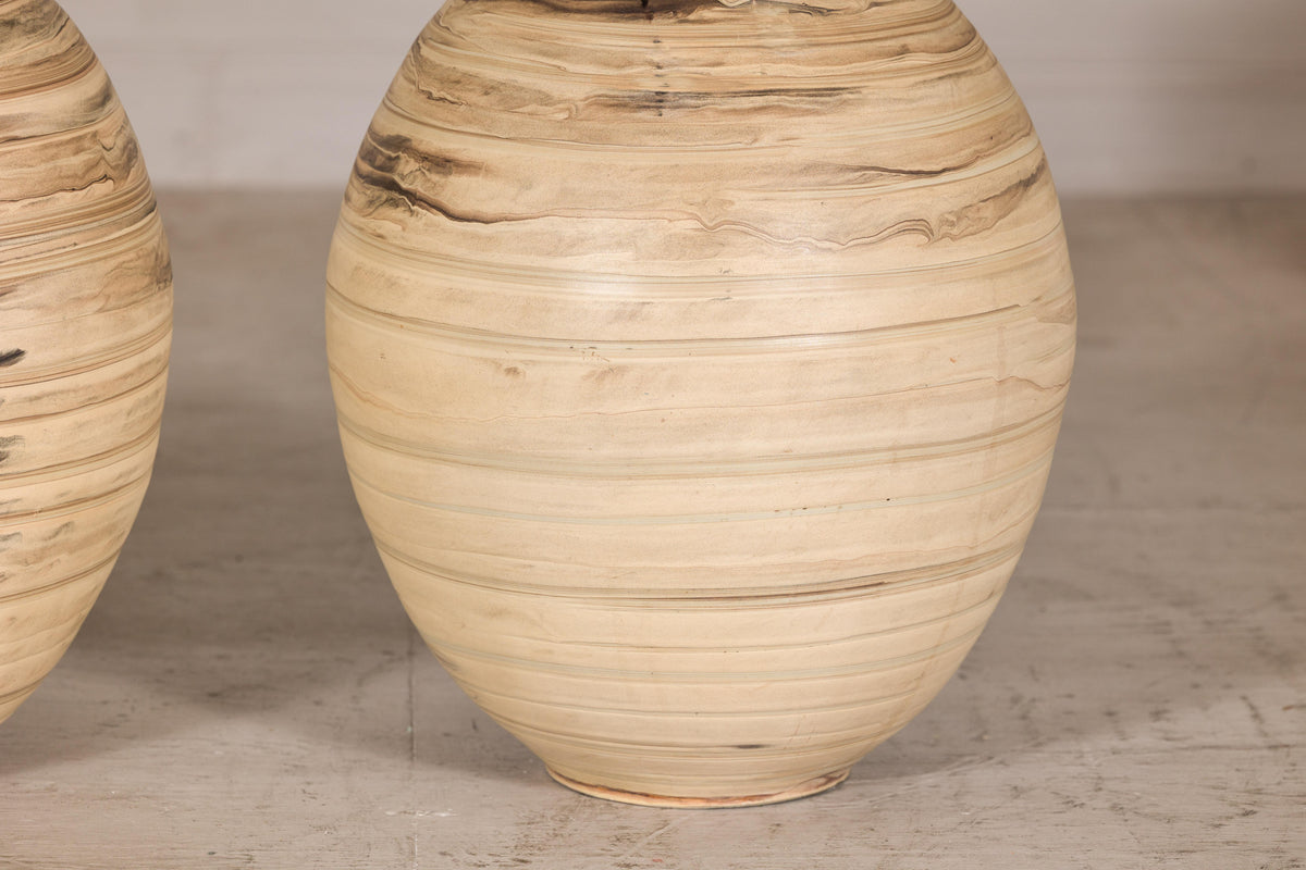Large cream and brown glazed artisan ceramic floor vase, additional full object view