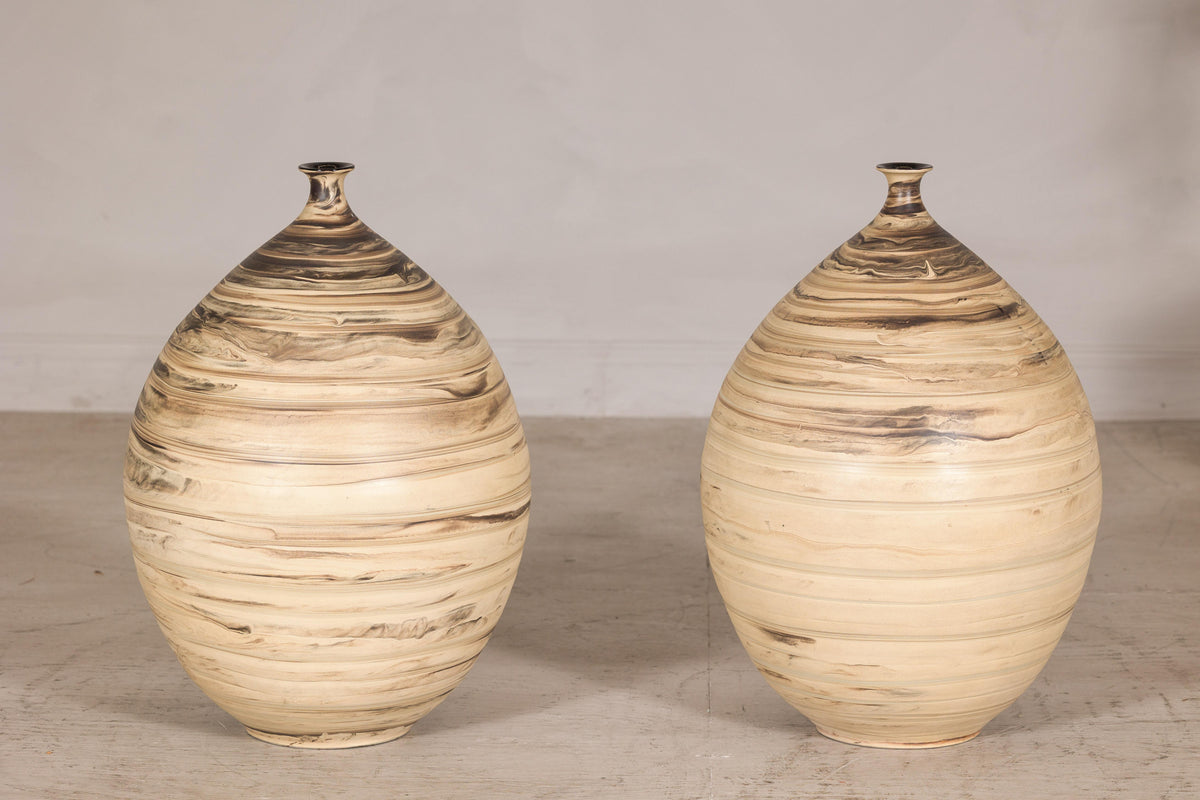 Large cream and brown glazed artisan ceramic floor vase, additional profile view